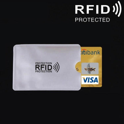 RFID Blocking Aluminum Card Case For Credit And ID Cards showing silver aluminum sleeve protecting a Visa credit card