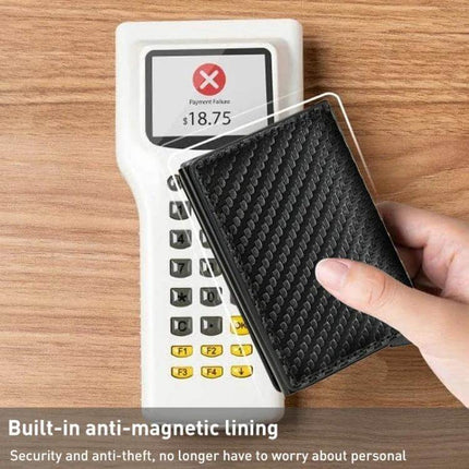 RFID Carbon Fiber Wallet for Men With Money Clip showing hand holding carbon fiber wallet near card reader, slim money-clip design, anti-theft lining