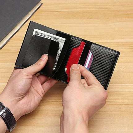 RFID Carbon Fiber Wallet for Men With Money Clip open to show card slots, money clip, and aluminum shell with PU leather accents