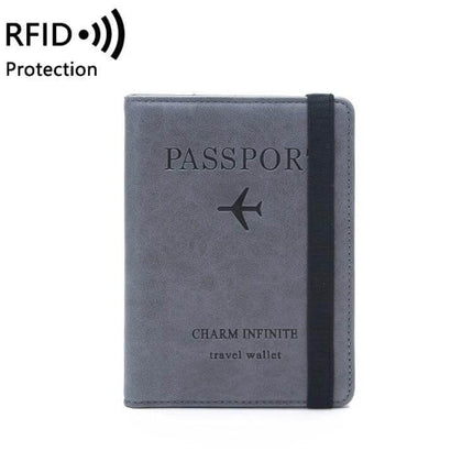 Travel Passport Card Bag With RFID Protection For Everyday Trips - compact grey PU leather travel passport card bag with elastic strap and RFID protection