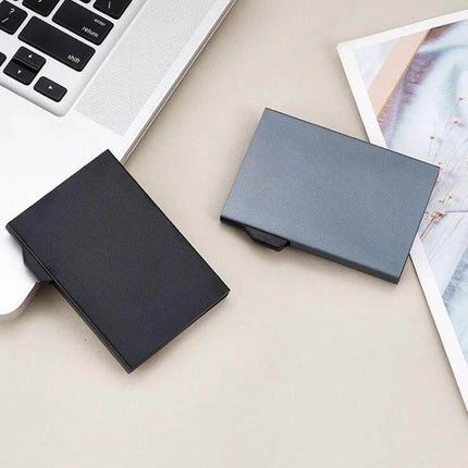RFID Shielded Aluminum Card Holder For Everyday Use — slim aluminum card case protects cards from unauthorized RFID reads, ideal for commuting and travel