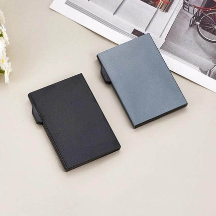 RFID Shielded Aluminum Card Holder For Everyday Use - slim aluminum card case in black and gray, front-pocket RFID protection, durable ABS interior