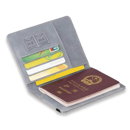 Travel Passport Card Bag With RFID Protection For Everyday Trips – grey PU leather case holding two passports, four card slots and cash