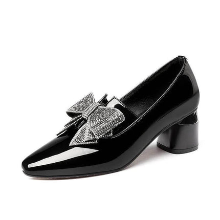Rhinestone Bow High Heel Pumps In Black For Evening Wear - glossy pointed-toe pump with decorative rhinestone bow and mid block heel