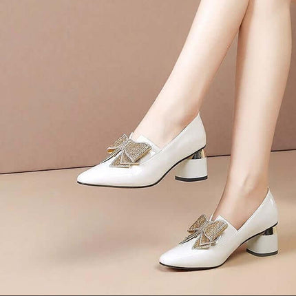 Rhinestone Bow High Heel Pumps In Black For Evening Wear - pointed-toe slip-on with decorative rhinestone bow and mid heel for weddings and date nights