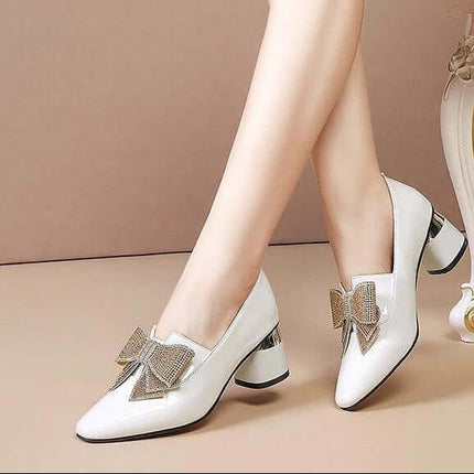 Rhinestone Bow High Heel Pumps In Black For Evening Wear - pointed-toe slip-on with rhinestone bow and mid heel for weddings, cocktail parties