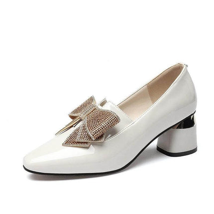 Rhinestone Bow High Heel Pumps In Black For Evening Wear - pointed-toe slip-on heel with decorative rhinestone bow, mid-height heel, microfiber upper