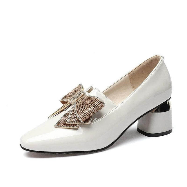 Rhinestone Bow High Heel Pumps In Black For Evening Wear - pointed-toe slip-on heel with decorative rhinestone bow, mid-height heel, microfiber upper