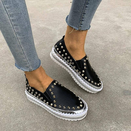 Rivet Canvas Flat Sneakers For Women Casual Everyday - black canvas slip-on with decorative rivets, round toe and rubber sole for city commuting and light walking