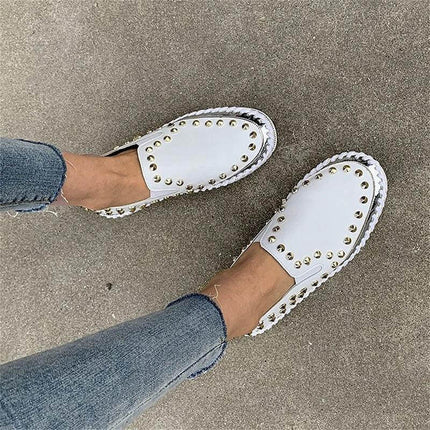 Rivet Canvas Flat Sneakers For Women Casual Everyday in white canvas with gold rivet accents, round toe and rubber sole for city commuting