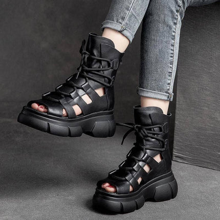 Roman Inspired Open Toe PU Ankle Boots For Women Black - city-commuting open-toe gladiator-style ankle boots with chunky sole, ventilated cutouts and lace-up detail