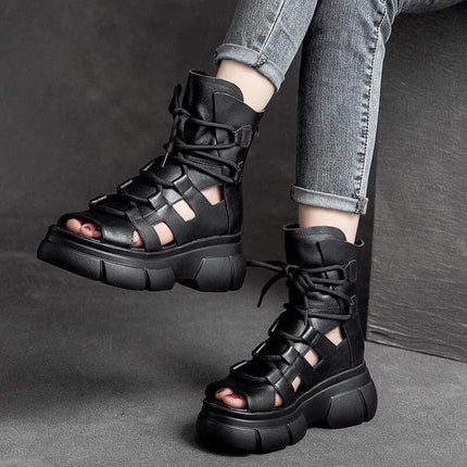 Roman Inspired Open Toe PU Ankle Boots For Women Black - city-commuter open-toe gladiator-style ankle boots with chunky sole, cropped jeans outfit