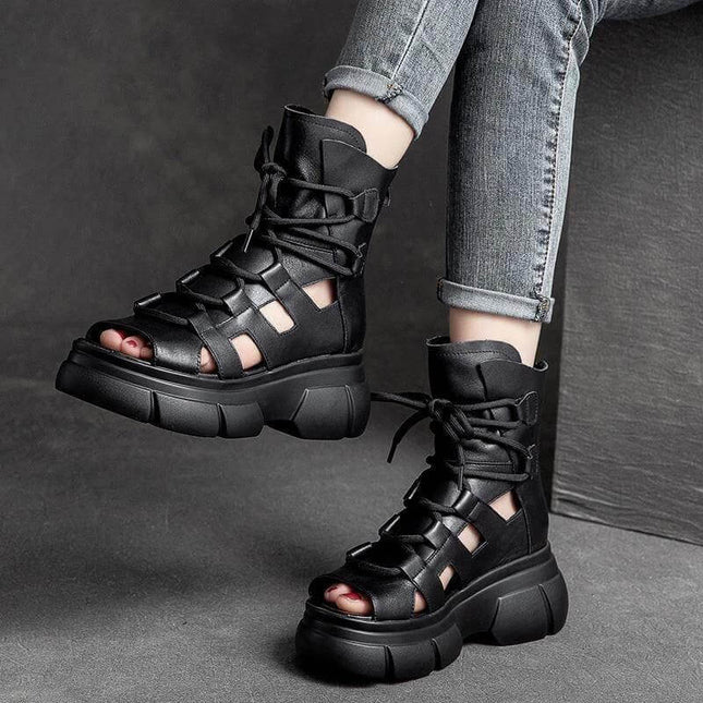 Roman Inspired Open Toe PU Ankle Boots For Women Black - city-commuter open-toe gladiator-style ankle boots with chunky sole, cropped jeans outfit
