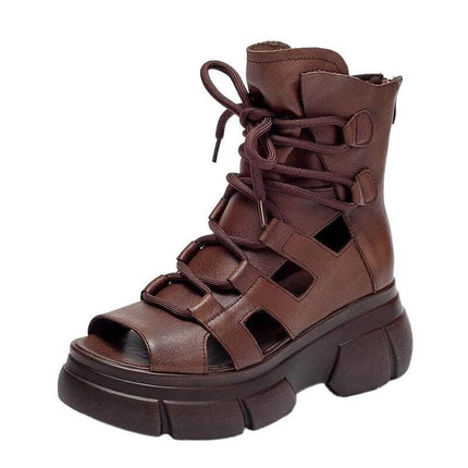 Roman Inspired Open Toe PU Ankle Boots For Women Black - black Roman-inspired open-toe PU ankle boot with cutouts, lace-up front for city commuting and travel