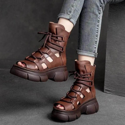Roman Inspired Open Toe PU Ankle Boots For Women Black - city-ready open-toe gladiator PU ankle boots in black for travel, brunch, cropped jeans
