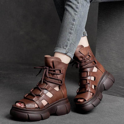 Roman Inspired Open Toe PU Ankle Boots For Women Black — black Roman-style open-toe PU ankle boots, cutout gladiator design with lace-up front, city commuting look
