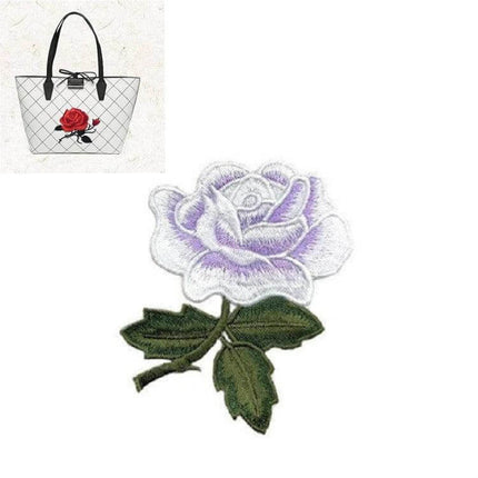 Rose Embroidery Patch Set For Clothes And Accessories – white and lavender rayon rose patch with green leaves, ideal for bags, jackets, hats (8.5×6.5 cm)
