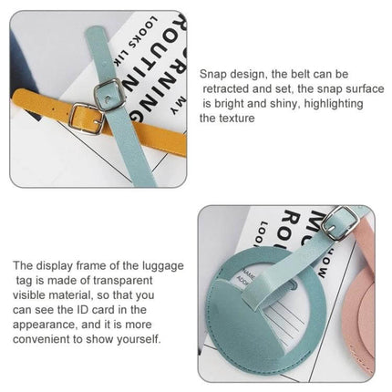 Travel Luggage Tag Soft Leather Round For Everyday Travel - soft PU round ID luggage tag with buckle strap and transparent ID window, pastel blue