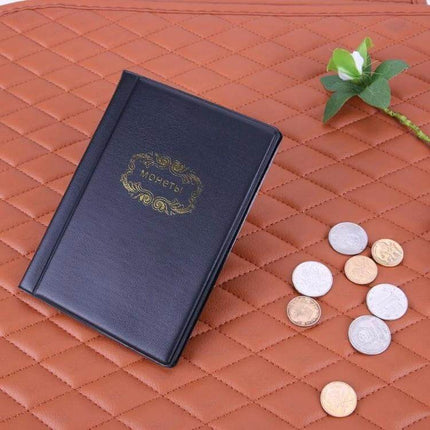 Russian Cover 120-Coin Pocket-Sized Album For Coin Collection - black pocket album with ornate Russian-style cover and coins laid out