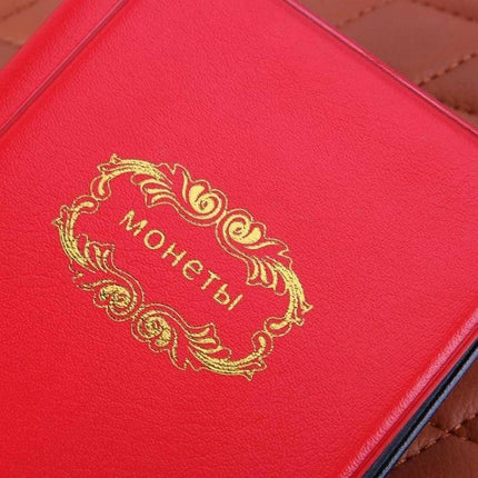 Russian Cover 120-Coin Pocket-Sized Album For Coin Collection - red Russian-style pocket coin album with gold ornate cover