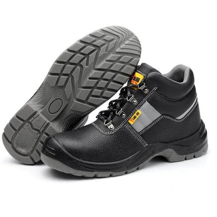 Safety Work Shoes With Steel Toe Cap For Daily Work – black two-layer cowhide safety boots with PU sole, slip- and puncture-resistant for construction