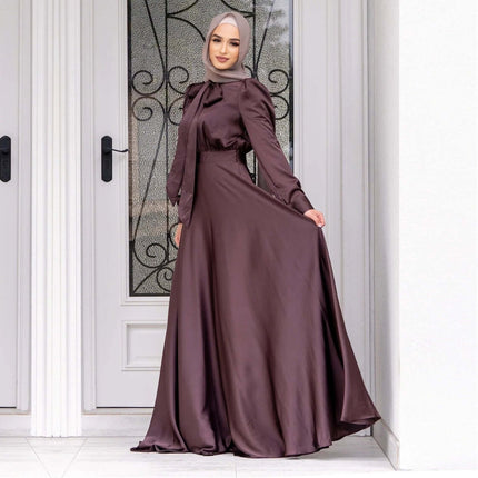 Satin Dress With Lace Up Hem For Everyday Casual Wear - reddish brown polyester satin long sleeve modest gown styling with hijab