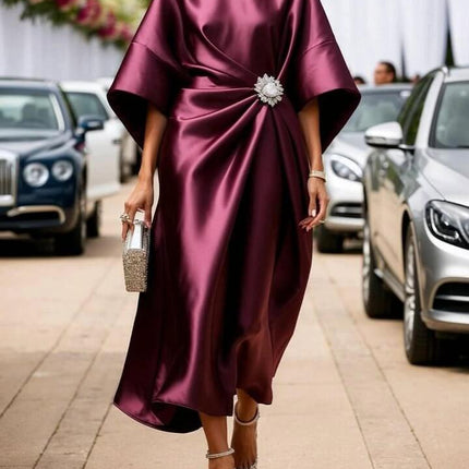 Satin Long High Waist Dress With Pearl Flower Accent in deep burgundy satin, batwing sleeves, sewn pearl flower on bodice, elegant daytime-to-evening look