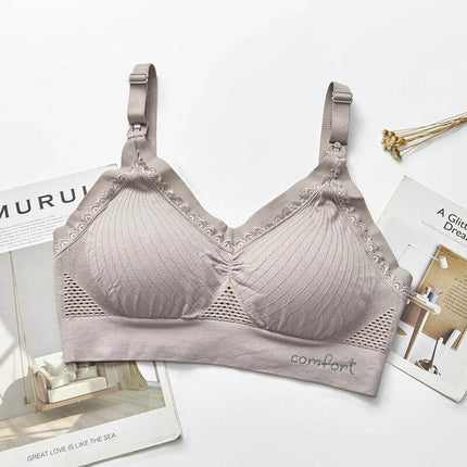 Seamless Mesh Nursing Bra Large Size Comfortable Everyday Wear - beige no-underwire nursing bra with lace trim and mesh panels