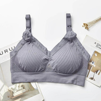 Seamless Mesh Nursing Bra Large Size Comfortable Everyday Wear - gray no-underwire nursing bra with lace trim and breathable mesh panels