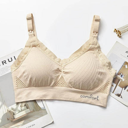 Seamless Mesh Nursing Bra Large Size Comfortable Everyday Wear beige no-underwire breathable mesh panels lace edging for nursing