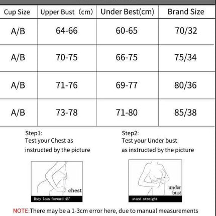 Seamless Push Up Bras For Everyday Comfort Collection size chart showing cup, upper bust and under bust measurements for A/B cups