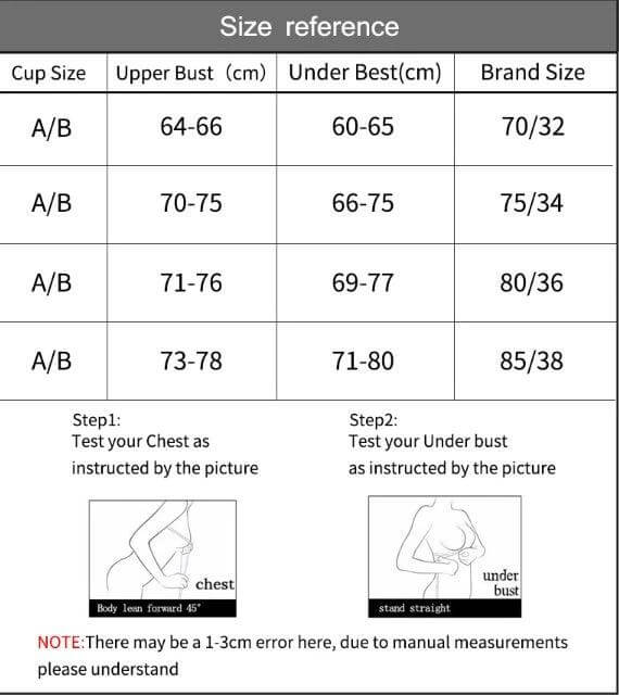 Seamless Push Up Bras For Everyday Comfort Collection size chart showing cup, upper bust and under bust measurements for A/B cups