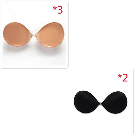 Seamless Strapless Silicone Adhesive Bra For Backless Dresses - skin tone and black adhesive cups, spandex-backed silicone, sizes A B C for backless evening wear