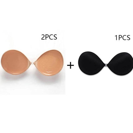 Seamless Strapless Silicone Adhesive Bra For Backless Dresses in skin tone and black, adhesive cups for strapless backless outfits