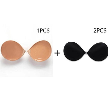Seamless Strapless Silicone Adhesive Bra For Backless Dresses – black and skin tone adhesive silicone cups, sizes A B C, lift and gather for backless evening wear