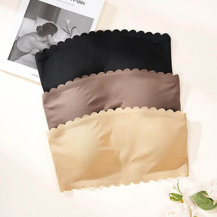 Seamless Tube Top Bra For Everyday Comfort All Day - trio of wireless seamless tube bras in black, brown, and nude with scalloped edges, smooth nylon fit