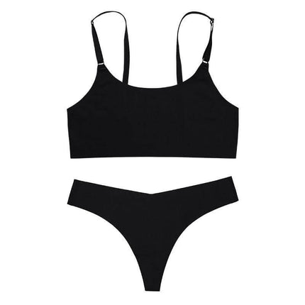 Seamless Wirefree Bra And Low Waist Thong Set In Ice Silk black ice-silk nylon blend wireless bra and low-rise thong
