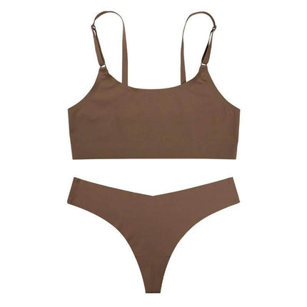 Seamless Wirefree Bra And Low Waist Thong Set In Ice Silk – brown ice silk nylon blend bra and low waist thong set, seamless wireless comfort