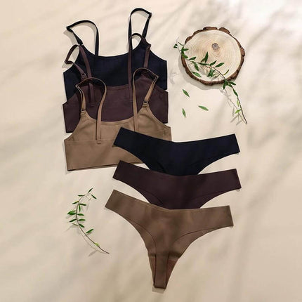 Seamless Wirefree Bra And Low Waist Thong Set In Ice Silk displayed in neutral brown and black tones, lightweight stretch-knit everyday comfort
