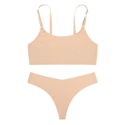 Seamless Wirefree Bra And Low Waist Thong Set In Ice Silk - nude ice silk stretch-knit bra and thong set, wireless low-profile everyday comfort