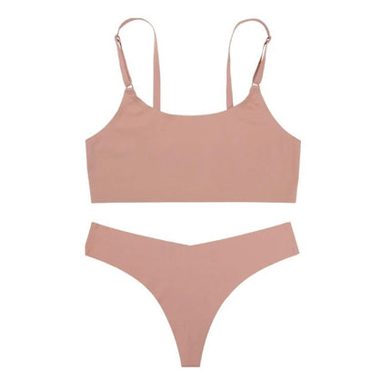 Seamless Wirefree Bra And Low Waist Thong Set In Ice Silk, dusty rose minimalist wireless bra and low-rise thong set on white background