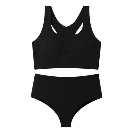 Seamless Wireless Bra And Panty Set With Molded Cups in black, seamless wireless molded-cup bra with vest-style straps and matching brief for smooth silhouette