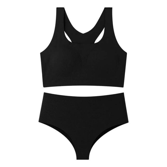 Seamless Wireless Bra And Panty Set With Molded Cups in black, seamless wireless molded-cup bra with vest-style straps and matching brief for smooth silhouette