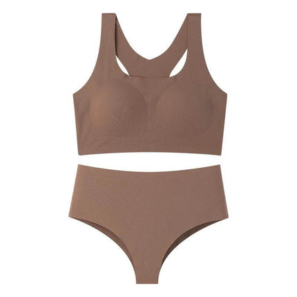 Seamless Wireless Bra And Panty Set With Molded Cups in brown seamless fabric, molded cups, vest-style bra and high-cut brief for smooth silhouette