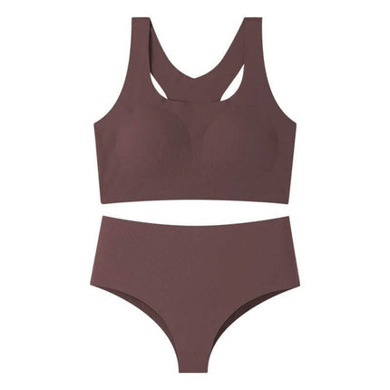 Seamless Wireless Bra And Panty Set With Molded Cups in brown ribbed fabric, wireless molded-cup bralette and high-waist brief for smooth silhouette