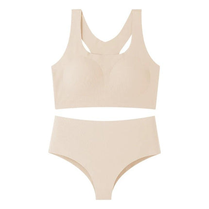 Seamless Wireless Bra And Panty Set With Molded Cups in nude, seamless wireless bra and brief with molded cups and double shoulder straps for smooth silhouette
