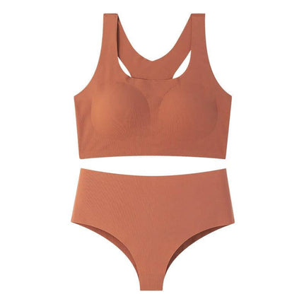 Seamless Wireless Bra And Panty Set With Molded Cups in rust orange, seamless wireless bra and brief set with molded sponge cups for everyday comfort