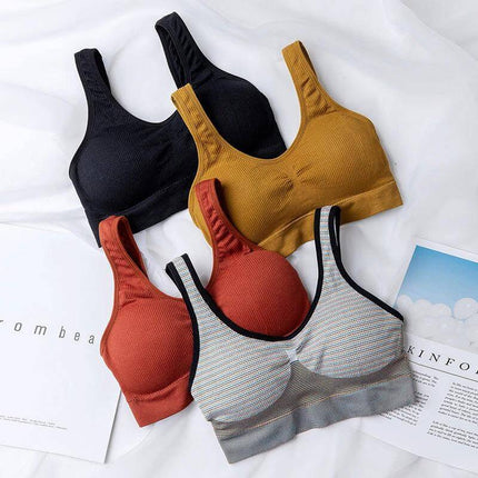 Seamless Wireless Ribbed Bra For Everyday Comfort M L - four-color ribbed wireless bras in black, mustard, rust and striped for low-impact wear