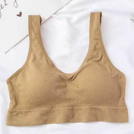Seamless Wireless Ribbed Bra For Everyday Comfort M L - beige ribbed wireless bra, seamless stretch spandex blend for light support and smooth silhouette