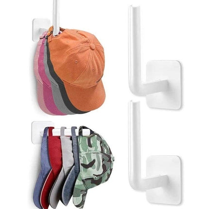 Baseball Hat Wall Hook Self-Adhesive 2-Pack Black/White showing two white adhesive hooks holding multiple baseball caps for entryway organization